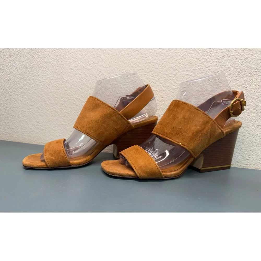 Tory Burch Tan Suede‎ Block Heel Slingback Sandals Gold Logo Buckle Womens 8M